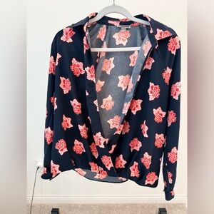 Chelsea28 Navy Surplice Blouse with Pink Floral Pattern